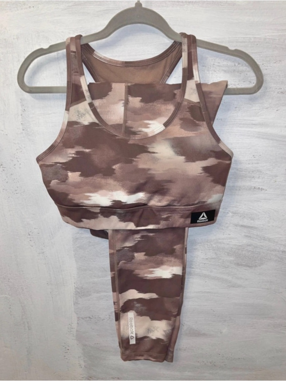 Reebok Brown and Cream Camo Sports Bra & Leggings Set